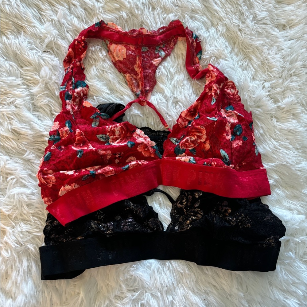 PINK Victoria's Secret Red Floral Lace Bralette with Black Lace Pair